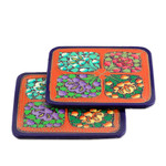 Wood and papier mache coasters, 'Summer Elixir' (set of 6) - Set of 6 Floral Painted Orange Papier Mache Coasters