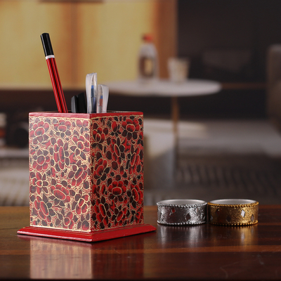 Wood and papier mache pen holder, 'Romantic Spring' - Floral Red and Golden Wood and Papier Mache Pen Holder