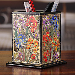 Wood and papier mache pen holder, 'Blooming Conquest' - Floral Weeping Willow Wood and Papier Mache Pen Holder