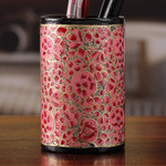 Wood and papier mache pen holder, 'Springtime Pink' - Round Pink and Golden Wood and Papier Mache Pen Holder