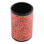 Wood and papier mache pen holder, 'Springtime Pink' - Round Pink and Golden Wood and Papier Mache Pen Holder
