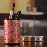 Wood and papier mache pen holder, 'Springtime Pink' - Round Pink and Golden Wood and Papier Mache Pen Holder