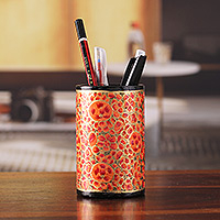 Wood and papier mache pen holder, 'Springtime Red' - Round Red and Golden Wood and Papier Mache Pen Holder