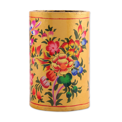 Stifthalter aus Holz und Pappmaché, „Floral Sunshine“ – handbemalter Stifthalter aus Holz und Pappmaché mit Blumenmuster in Gold