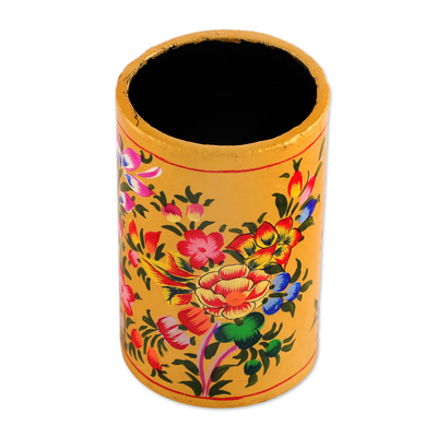 Stifthalter aus Holz und Pappmaché, „Floral Sunshine“ – handbemalter Stifthalter aus Holz und Pappmaché mit Blumenmuster in Gold