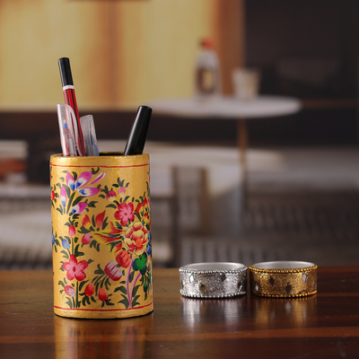 Portalápices de madera y papel maché - Portalápices de papel maché y madera floral pintado a mano en oro