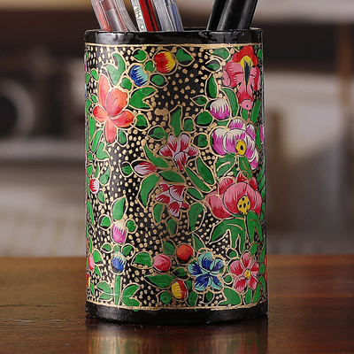 Wood and papier mache pen holder, 'Grandeur in Spring' - Floral Round Golden Wood and Papier Mache Pen Holder