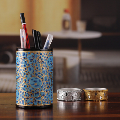 Wood and papier mache pen holder, 'Springtime Blue' - Round Blue and Golden Wood and Papier Mache Pen Holder