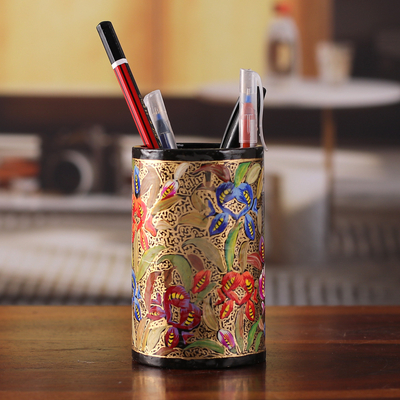 Wood and papier mache pen holder, 'Spring Grandeur' - Hand-Painted Floral Wood and Papier Mache Pen Holder