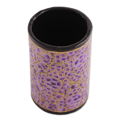 Portalápices de madera y papel maché - Portalápices de papel maché y madera floral púrpura pintado a mano