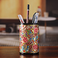 Wood and papier mache pen holder, 'Floral Ecstasy' - Hand-Painted Colorful Floral Wood Papier Mache Pen Holder