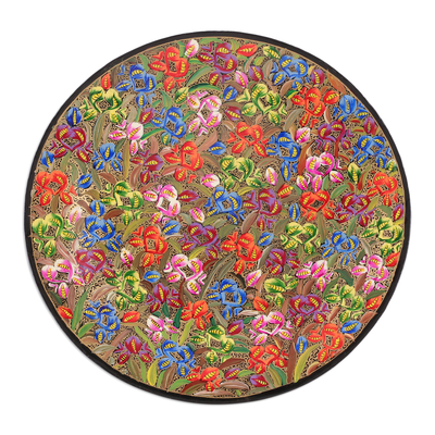 Papier mache panel, 'Blooming Sun' - Floral Painted Colorful Round Wood and Papier Mache Panel