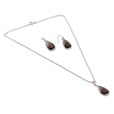 Conjunto de joyas de cuarzo ahumado - Conjunto de joyería de collar y aretes de plata 925 de cuarzo ahumado