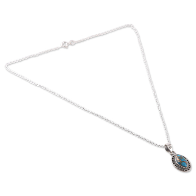 Reconstituted turquoise pendant necklace, 'Chic Fascination' - Silver Pendant Necklace with Oval Reconstituted Turquoise