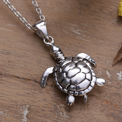 Sterling silver pendant necklace, 'Turtle's Peace' - Polished Turtle-Themed Sterling Silver Pendant Necklace
