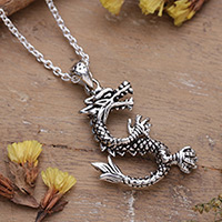 Collar colgante de plata de ley - Collar clásico con colgante de plata de ley con forma de dragón