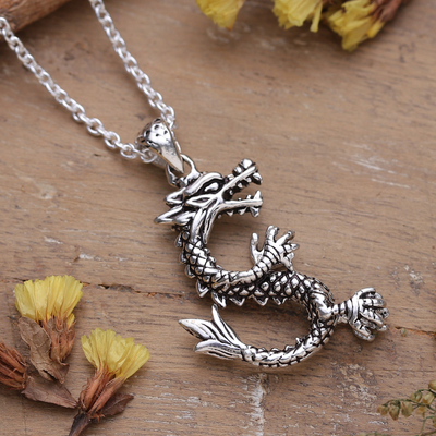 Sterling silver pendant necklace, 'Dragon Reign' - Classic Dragon-Shaped Sterling Silver Pendant Necklace