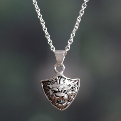 Sterling silver pendant necklace, 'Roaring King' - Polished Lion-Themed Sterling Silver Pendant Necklace