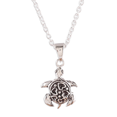 Sterling silver pendant necklace, 'Turtle in Love' - Romantic Turtle-Shaped Sterling Silver Pendant Necklace