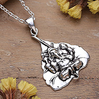 Sterling silver pendant necklace, 'Leafy Ganesha' - Cultural Leafy Ganesha Sterling Silver Pendant Necklace