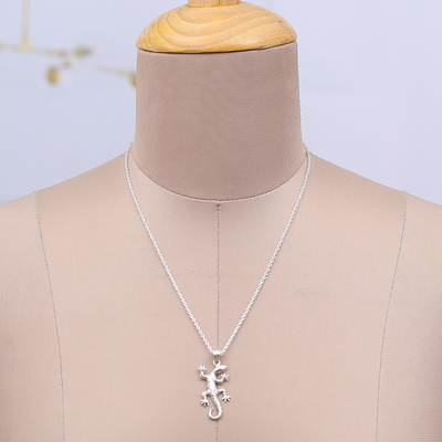 Collar colgante de plata de ley - Collar con colgante de plata de primera ley con forma de lagarto pulido