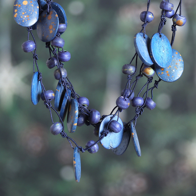 Beaded statement necklace, 'Bohemian Joy in Blue' - Hand-Carved Beaded Statement Necklace in Blue and Gold Hues