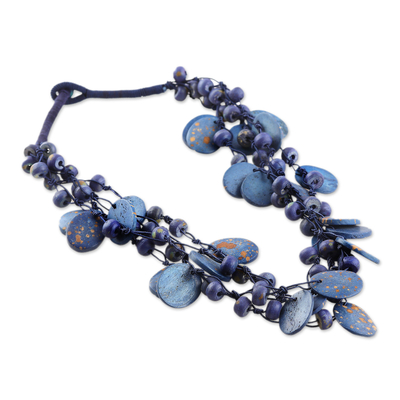 Beaded statement necklace, 'Bohemian Joy in Blue' - Hand-Carved Beaded Statement Necklace in Blue and Gold Hues