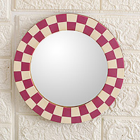 Espejo de pared de mosaico de resina, 'Delicate Appeal' - Espejo de pared de tablero de ajedrez de mosaico de resina en rosa y marfil