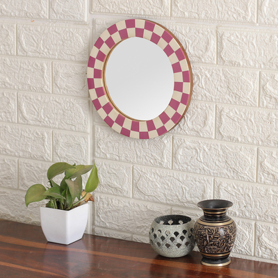 Resin mosaic wall mirror, 'Delicate Appeal' - Resin Mosaic Checkerboard Wall Mirror in Pink and Ivory