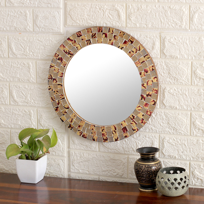 Glass mosaic wall mirror, 'Mountain Blast' - Warm-Toned Round Glass Mosaic and Wood Wall Mirror