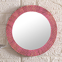 Wood wall mirror, 'Pink Image' - Diamond-Patterned Round Brown and Pink Wood Wall Mirror