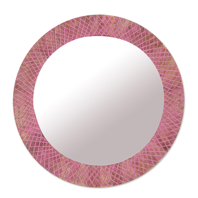 Espejo de pared de madera - Espejo de pared redondo de madera marrón y rosa con diseño de rombos