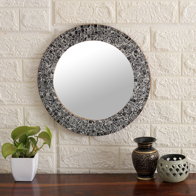 Glass mosaic wall mirror, 'Grey Sunset' - Round Black and Grey Glass and Wood Mosaic Wall Mirror
