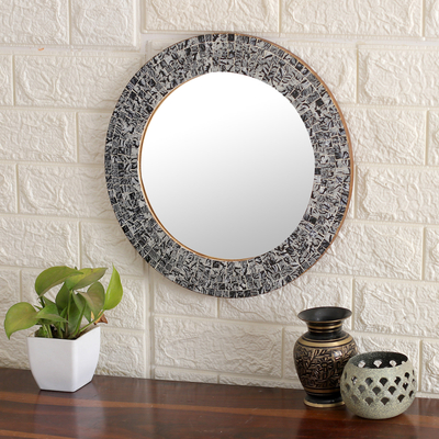 Glass mosaic wall mirror, 'Grey Sunset' - Round Black and Grey Glass and Wood Mosaic Wall Mirror