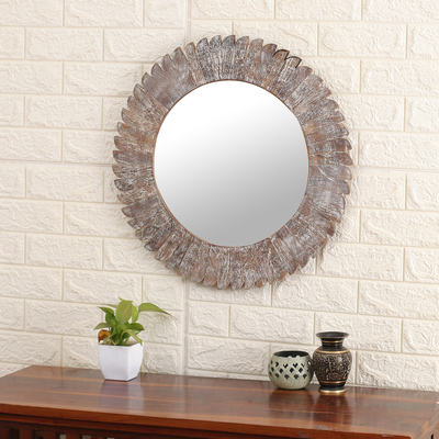 Wood wall mirror, 'Natural Halo' - Distressed Round Wall Mirror Handcrafted from Mango Wood