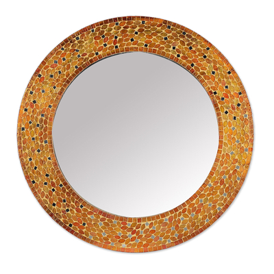 Glass mosaic wall mirror, 'Autumn Fragments' - Autumn-Inspired Round Orange Glass and Wood Wall Mirror