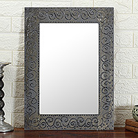 Wood and aluminum wall mirror, 'Ethereal Swirls' - Embossed Rectangular Aluminum and Wood Wall Mirror