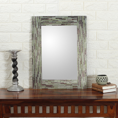 Glass mosaic mirror, 'Aqua Bliss' - Rectangular Green Grey Wall Mirror with Glass Mosaic Frame