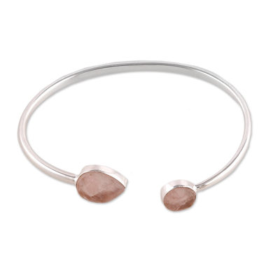 Rose quartz cuff bracelet, 'Bright Pink' - Sterling Silver Cuff Bracelet with Rose Quartz Stones