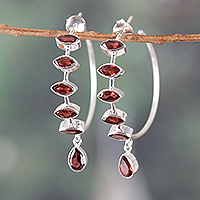 Garnet half-hoop earrings, 'Scarlet Symphony' - Silver Half-Hoop Earrings with Pear Marquise Garnet Stones