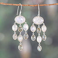 Rainbow moonstone and labradorite chandelier earrings, 'Cascade Flair' - Rainbow Moonstone Labradorite Silver Chandelier Earrings
