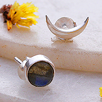 Labradorite stud earrings, 'Moon Radiance' - Labradorite Silver Mismatched Moon Themed Stud Earrings