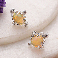 Opal button earrings, 'Resplendent Fire' - Silver Button Earrings with Opal and Cubic Zirconia Stones