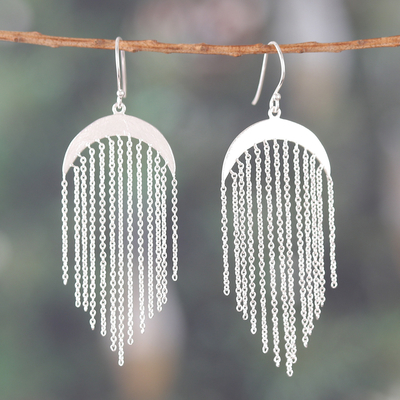 Sterling silver waterfall earrings, 'Drizzling Raindrops' - Crescent Moon-Themed Sterling Silver Waterfall Earrings
