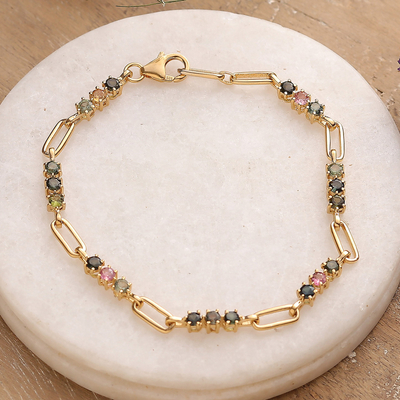 Gold-plated tourmaline link bracelet, 'Colorful Mind' - Polished 22k Gold-Plated Two-Carat Tourmaline Link Bracelet