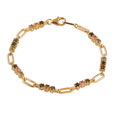Gold-plated tourmaline link bracelet, 'Colorful Mind' - Polished 22k Gold-Plated Two-Carat Tourmaline Link Bracelet
