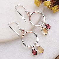 Citrine and garnet dangle earrings, 'Passionate Drops' - Two-Carat Citrine and Garnet Dangle Earrings from India