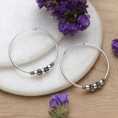Sterling silver hoop earrings, 'Exquisite Flair' - Polished Sterling Silver Hoop Earrings with Oxidized Accents