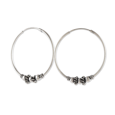 Sterling silver hoop earrings, 'Exquisite Flair' - Polished Sterling Silver Hoop Earrings with Oxidized Accents