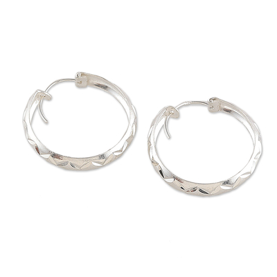 Sterling silver hoop earrings, 'Petite Diamond Inspiration' - Sterling Silver Hoop Earrings with Diamond Motifs